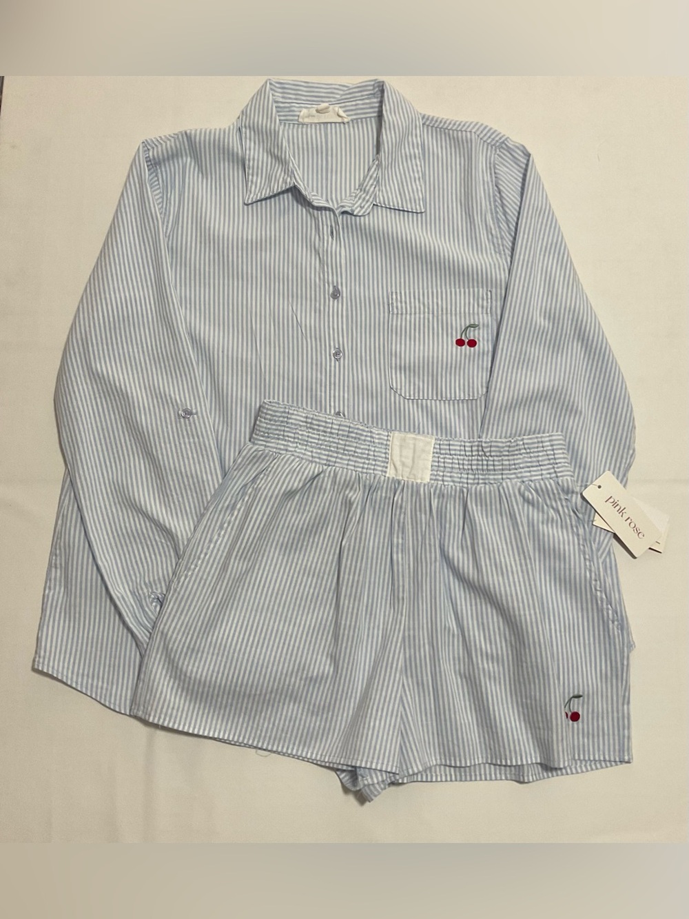 Pink Rose Blue & White Pajama Set - Button-up Shirt & Shorts Junior Size Medium